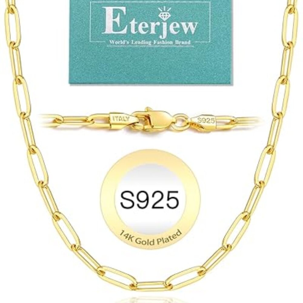 Italy 14K Real Gold Over 925 Sterling Silver Paperclip Chain Necklace for Women